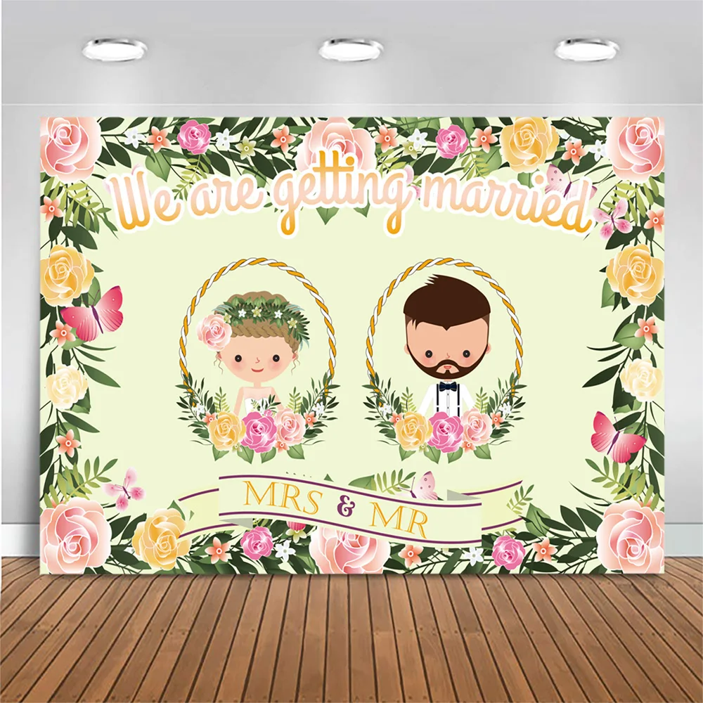 

Mocsicka Wedding Photography Backdrop Cartoon Character Flower Green Leaf Wedding Decoration Background Prop for Photo Studio