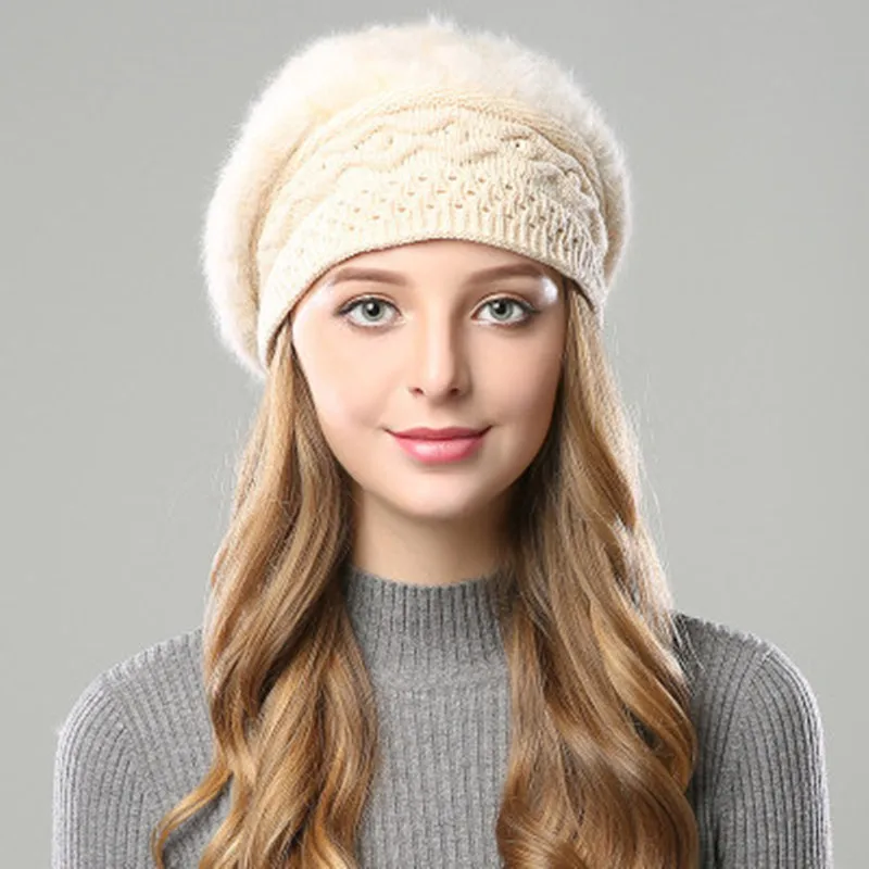 1pcs Women Winter Jacquard Berets Hat Winter Warm Beanie Cap Knitted Slouch Baggy Double Layer Style Girls Lady Fashion YLM1056