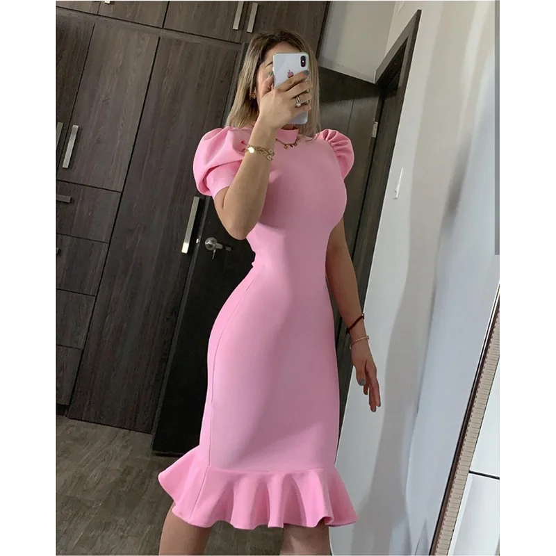 

7 Colors High Quality Black Purple Short Sleeve Ruffles Rayon Women Bandage Dress Elegant Club Party Dresses