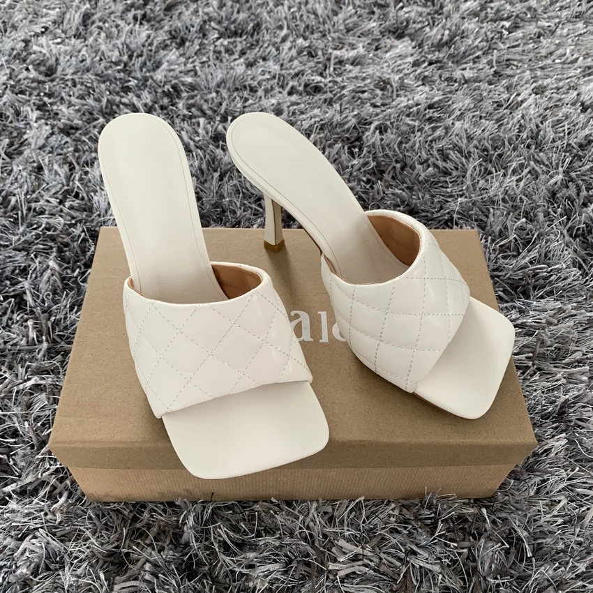 2020 New Design Square Toe Thin High Heels Slippers Women Sandals Fashion Slip On Slides Summer Woman Shoes Mules