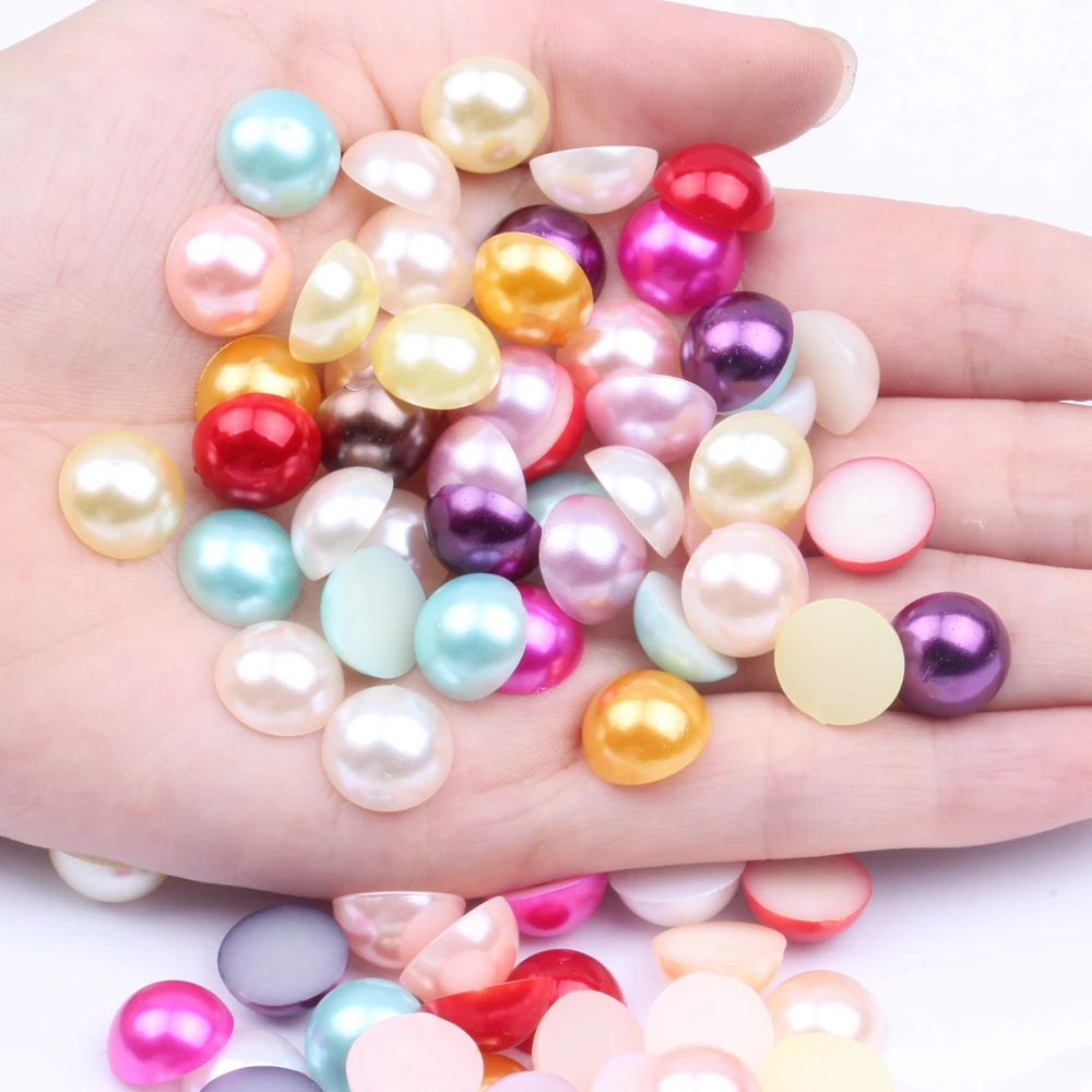 

12mm Half Round Pearls 50pcs Many Colors Flatback Round Shiny Glue On Resin Beads DIY Jewelry Nails Art Decorations