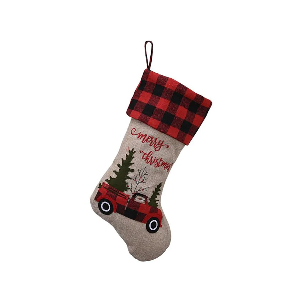 

10pcs/lot Christmas Stocking 18" Embroidered Linen Buffalo Plaid Red Truck Hooked Xmas Stocking Christmas