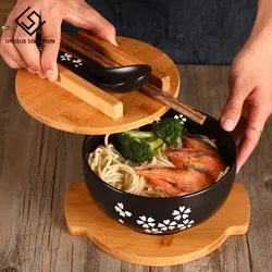 Japanese Style Rice Noodle Bowl with Lid Spoon and Chopstick Kitchen Tableware Ceramic Salad Soup Bowl Food Container Dinnerwaps