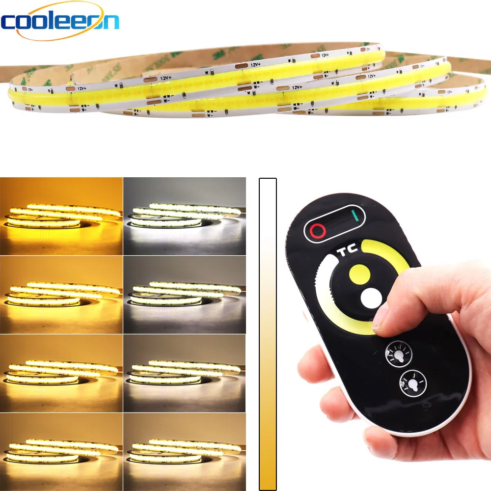 5m 10m Bicolor CCT COB Strip LED Light Bar with RF Dimmer 24V 12V Flexible FOB COB Tape Yellow White 2700-6500K Color Dimmable