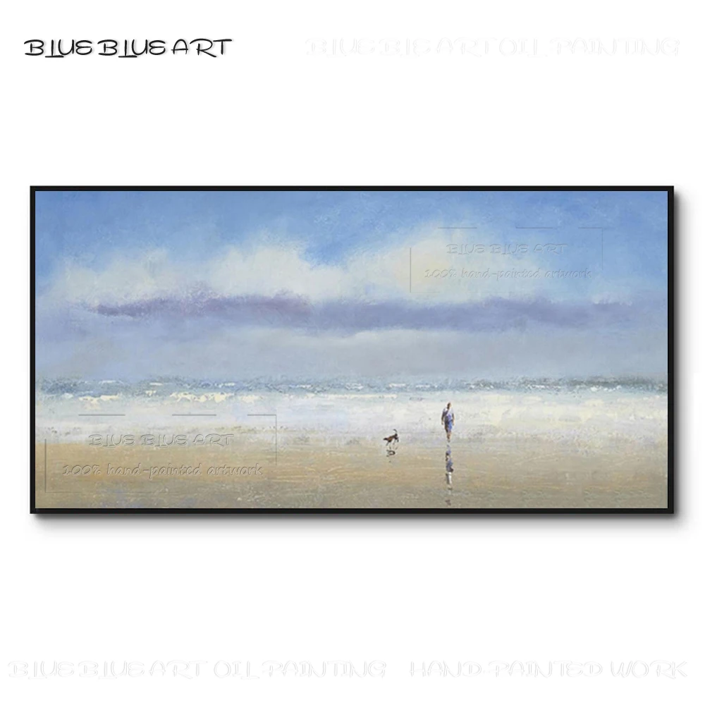 Hand-painted High Quality Impressionist Wall Art A Man and Dog Walking on Beach Acrylic Painting Walk with Pet Acrylic Painting