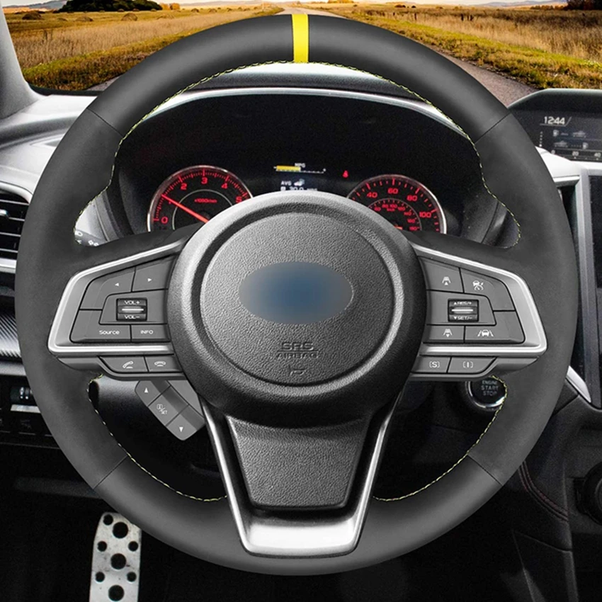 Hand-stitched Black Suede Yellow Marker Car Steering Wheel Cover for Subaru Forester Ascent 2019 Crosstrek Legacy 2018-2020