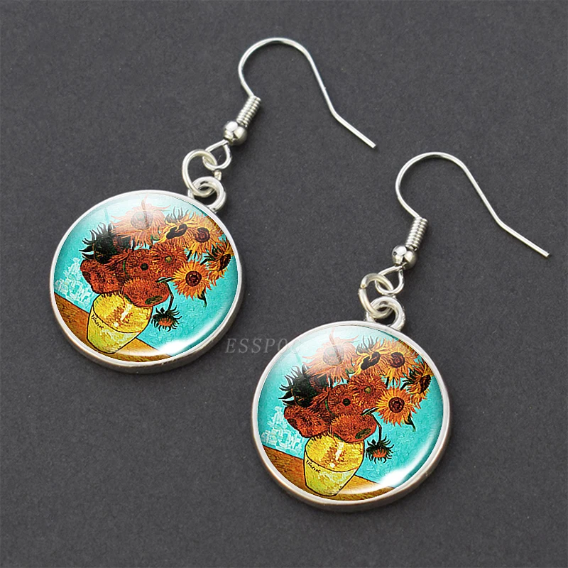 Van Gogh Oil Painting Stainless Steel Drop Earrings Glass Cabochon Dangle Hook Earrings Silver Color Women Jewelry Wholesale