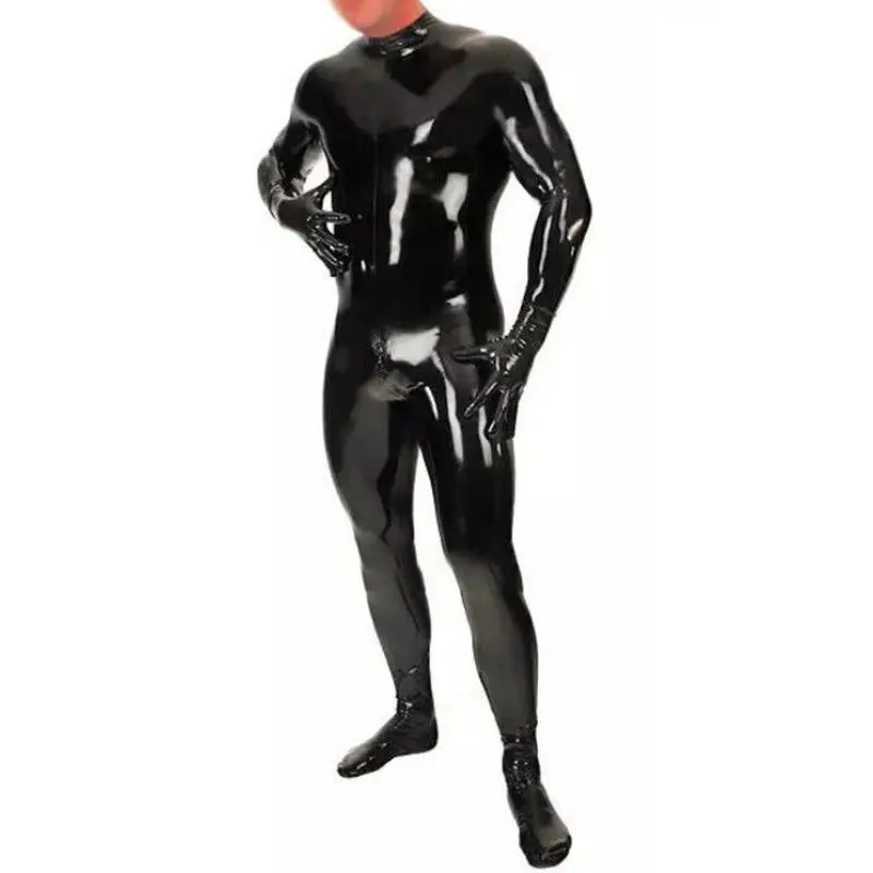 

Latex Catsuit with gloves and socks Back Zip to crotch Rubber Bodysuit Customized