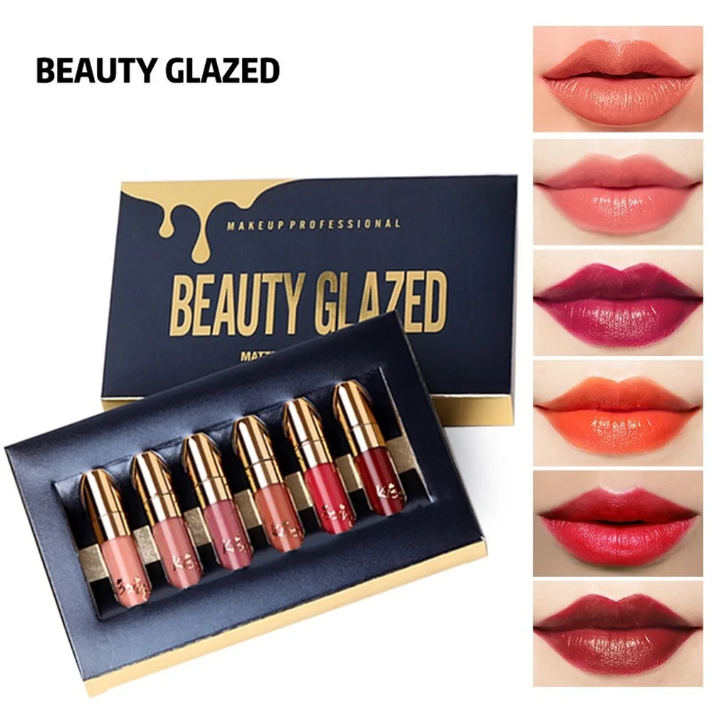 BEAUTY GLAZED 6 Colors Matte Lipstick Set Waterproof Long Lasting Nude Lip Gloss Velvet Pigment Sexy Red Brown Women Lip Makeup