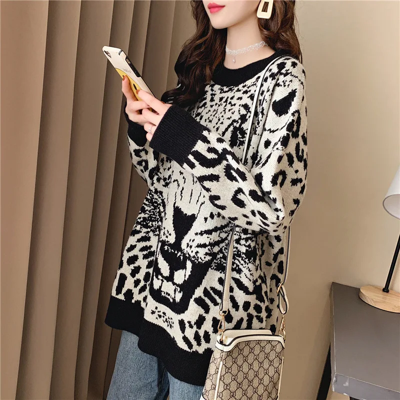 Women Leopard Round Neck Pullover Sweater Long-sleeved Frilly Loose Casual Lazy Tiger Head Sweater Female 2023 Spring