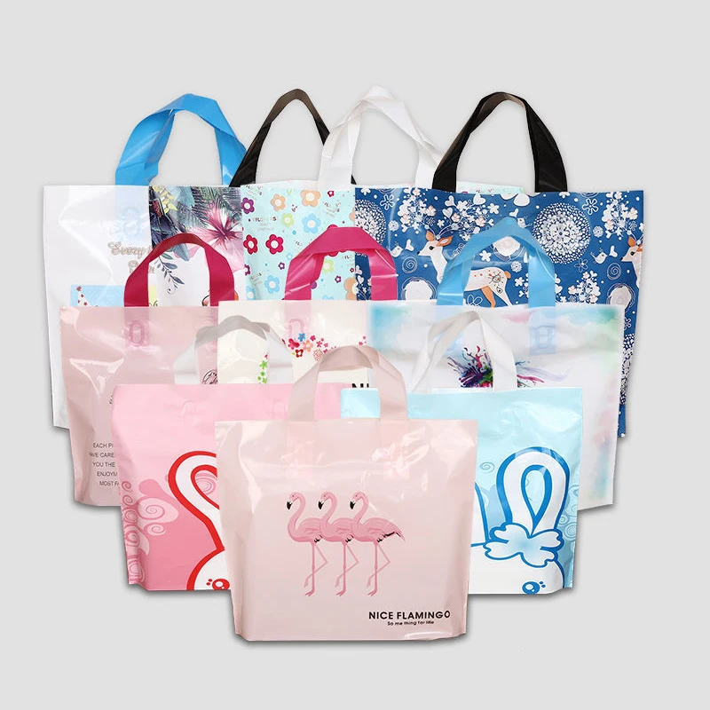 50Pcs Clothes Packaging Bags with Handle Woman Shopping Bag Large Present Plastic Bag Flamingo Printed Gift Bags Handbag 4 sizes