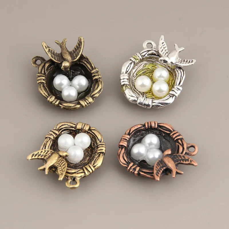 8pcs 4 Colors  Cute Bird Nest Charms with Bird and Three Eggs Metal Bracelet Necklace Jewelry Findings A446/745/744/408