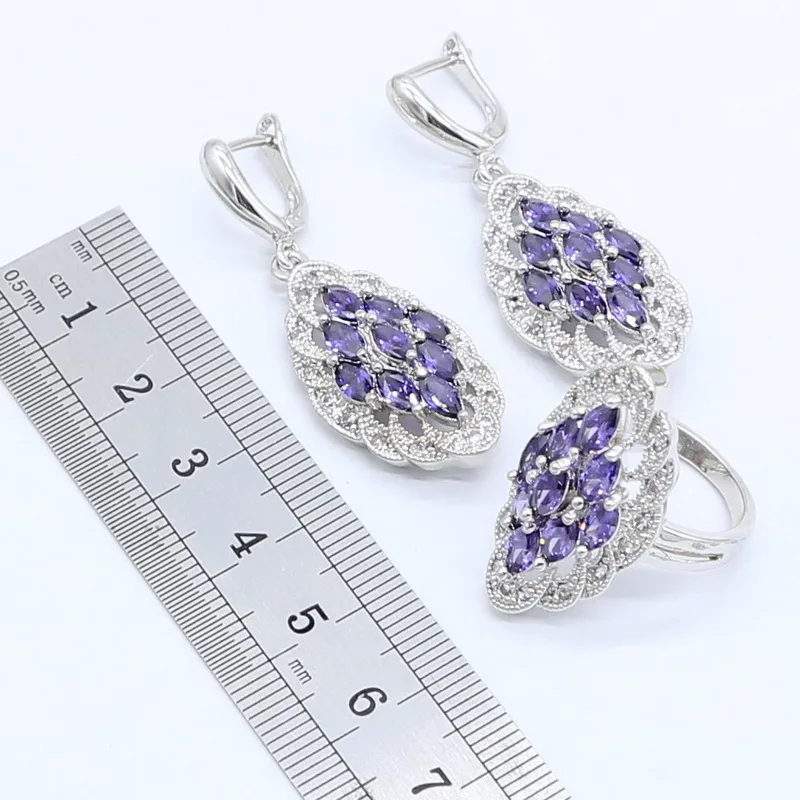 Purple Zircon Silver Color Jewelry Sets for Women Marquise Stones Bracelet Necklace Pendant Earrings Ring Gift Box