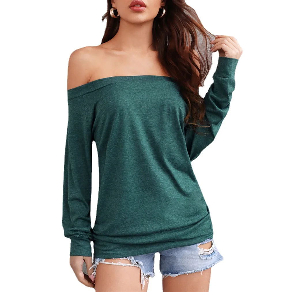 Spring and summer European beauty style long-sleeved one-neck off-the-shoulder solid color top T-shirt