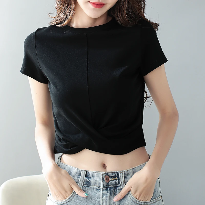 

Womens top Lady Cotton short sleeve Round collar top woman tshirt all match Basic t-shirt black gray white color woman tshirt