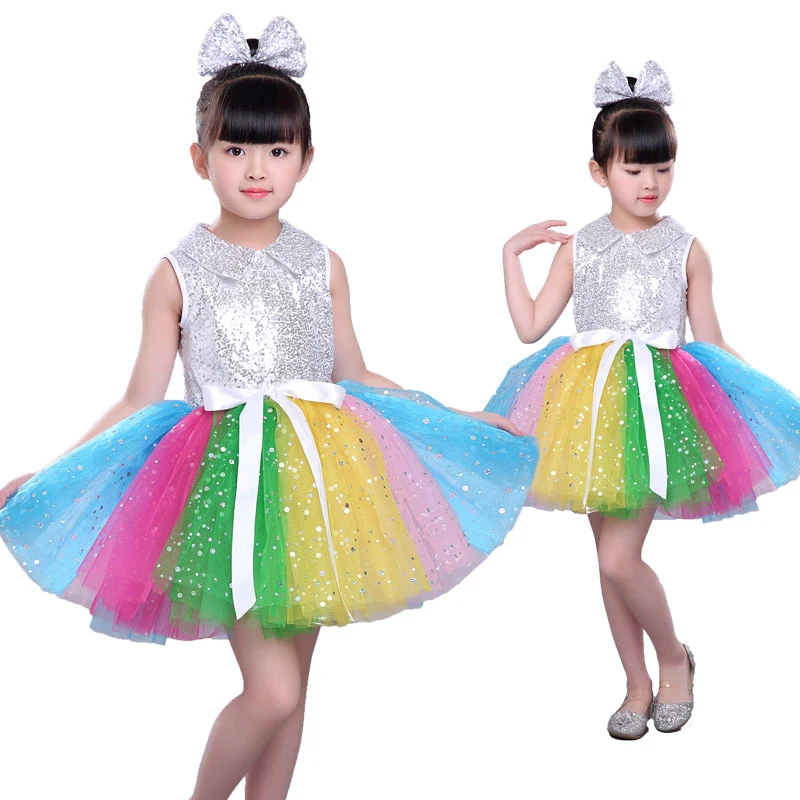 Girl Tutu Modern Dance Costume Children Sequin Jazz Dance Fashion Latin Dancing Dress Stage Show Dresses Jazz Costumes For Girl