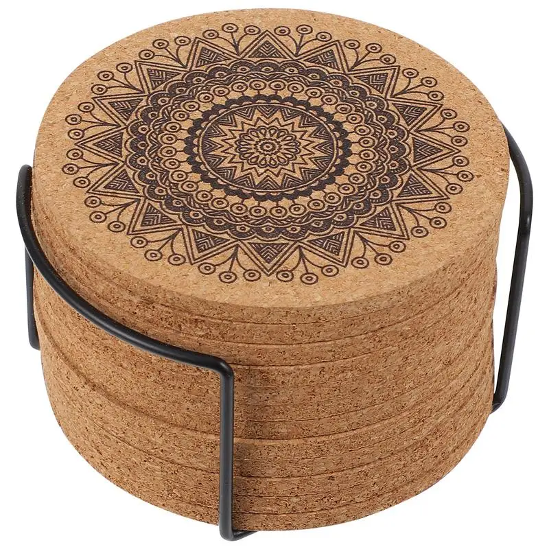 1 Set of 12PCS Creative Nordic Mandala Design Round Shape Wooden Coasters with Rack(1*Rack and 12 Coasters)