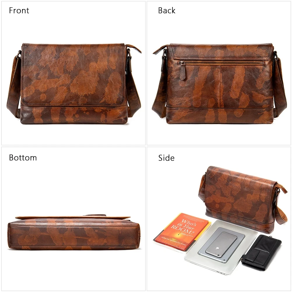 Luufan Genuine Leather Men Messenger Bag Vintage Crazy Horse Leather A4 Document Shoulder Bag Magnetic Flap Laptop Crossbody Bag