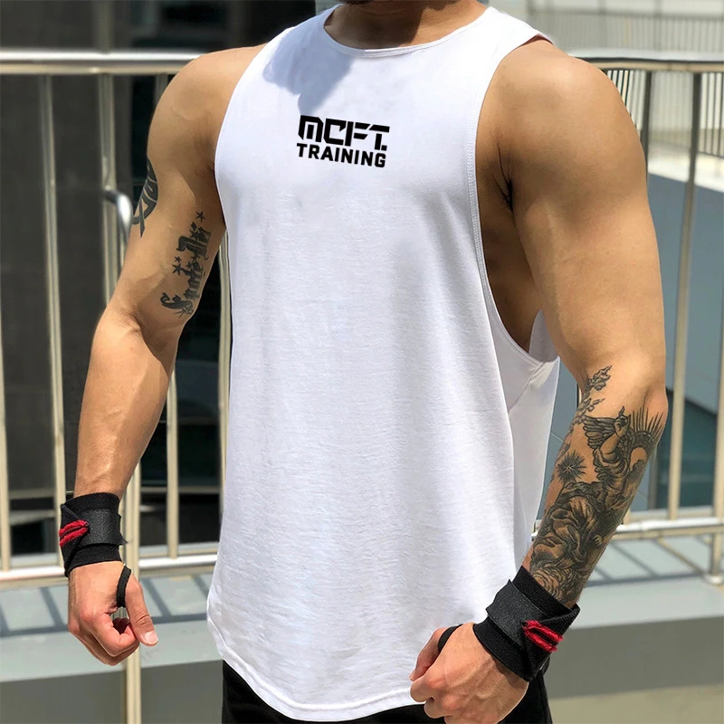 Men Bodybuilding Cotton Tank Tops Gym Fitness Vest Sleeveless Shirt Male Summer Casual Fashion Printed Workout Clothes