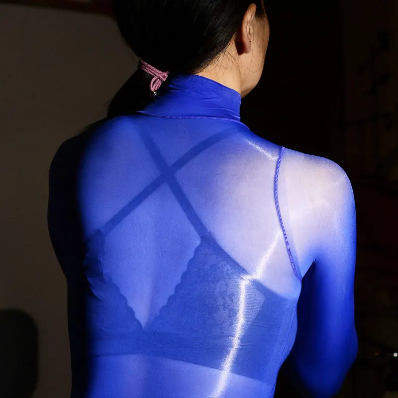 Sexy 912-Pin Elastische Olie Glossy Jurk Sheer Mouwloze Jurk Zijde Glad Bodycon Hoge Kraag Jurken Shiny Bodyhose Stap jurk