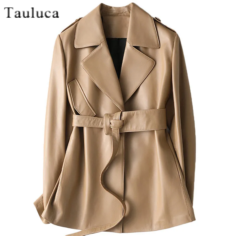 Jaqueta de couro real feminina, casaco de couro de ovelha genuíno, moda primavera outono inverno, estilo britânico, elegante e chique com cinto