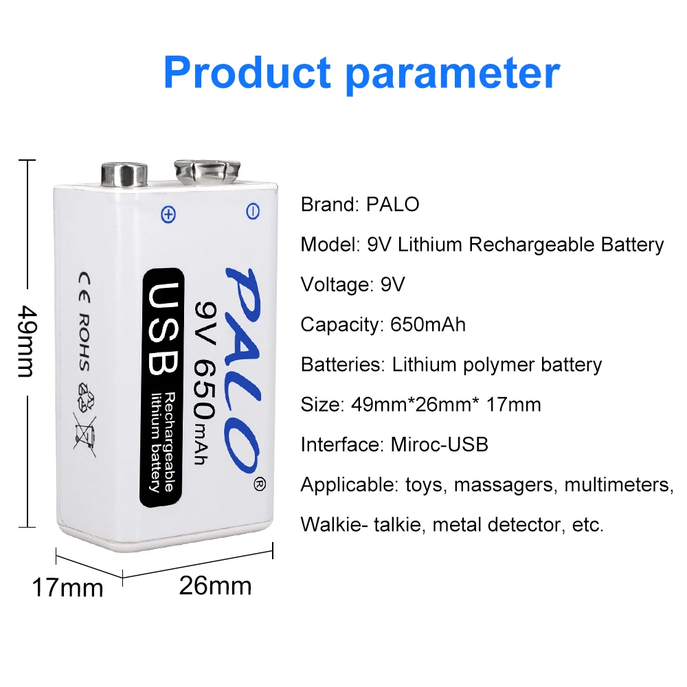 9V Li-ion Rechargeable Battery 6F22 650mAh Battery 9v Lithium Battery for Toy Remote Control KTV Multimeter Microphone with Usb