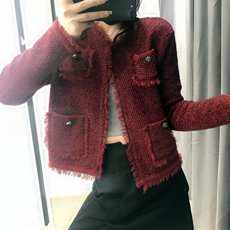 Womens 2022 Spring Autumn Short Fashion Jacket Vintage Tassel Pockets Loose Single Breasted Sweet Knitting Cardigan Outerwear