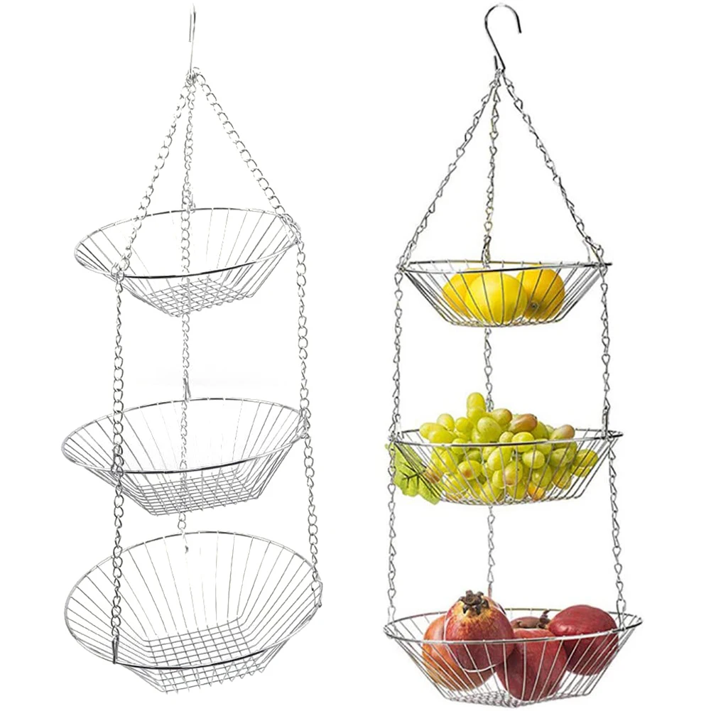 New 3 Layers Hollow Round Wire Hanging Fruit Vegetable Kitchen Storage Basket Plate