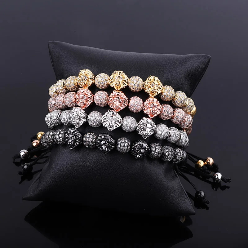 

High Quality Luxury CZ Pave Ball Lion Head Royal Design Beaded Cord Adjustable Bracelet Men Women