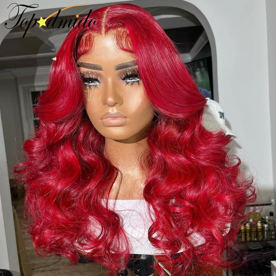 Topodmido Red Color 13x6 Lace Front Wigs with Baby Hair Brazilian Remy Human Hair Wig for Women Glueless 4x4 Lace Closure Wigs