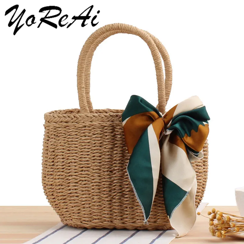 YoReAi Summer Woman Beach Braided Handbag Ladies Straw Shopping Large Capacity Bag Vacation Bohemian Bucket Raffia Rattan Bags