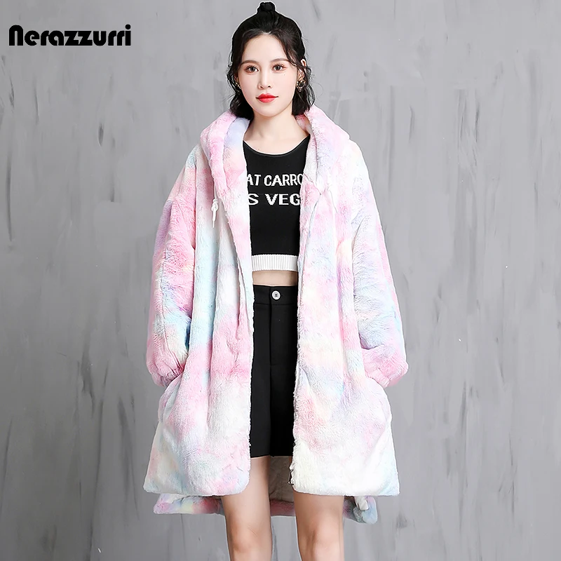 Nerazzurri Loose Tie Dye Hoodie Sweatshirt Women Winter Colorful Warm Thick Oversized Soft Faux Fur Jacket Designer Fashion 2022