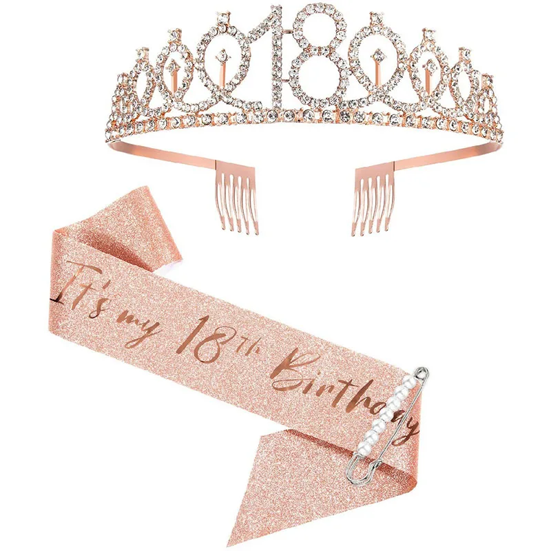 

Rose Gold Crown Tiara for Birthday Girl Sashes+Crystal Crown It's My 3 6 13 15 16 18 21th Birthday Sash Party Decor Supplies