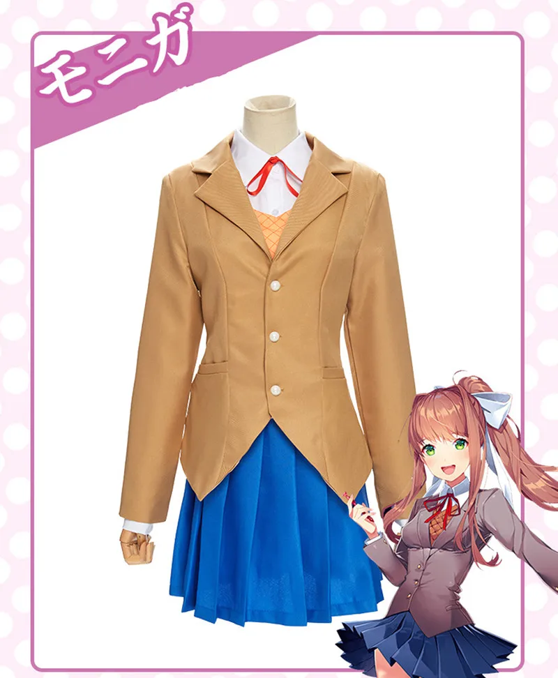 Doki Doki Văn Học Câu Lạc Bộ Monika Sayori Yuri Natsuki Cosplay Đồng Phục Game Trang Phục Bên Ngoài Áo THUN THẮT NƠ Tóc Giả Cổ