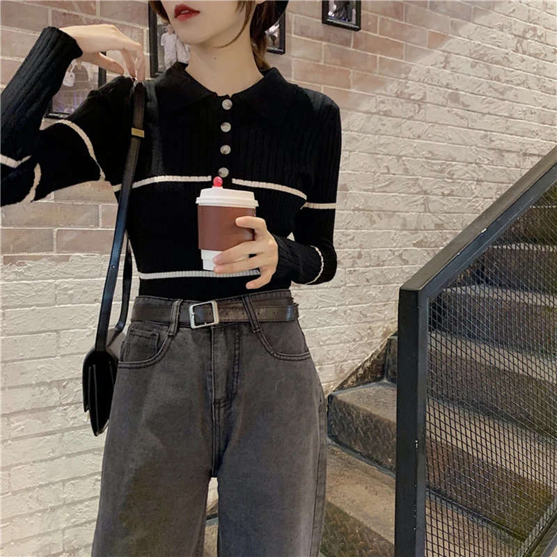 gkfnmt Women Sweater 2021 New Fashion Turn-down Collar Autumn Winter Striped Office Lady Pullover Slim Knitted Sweaters Chic