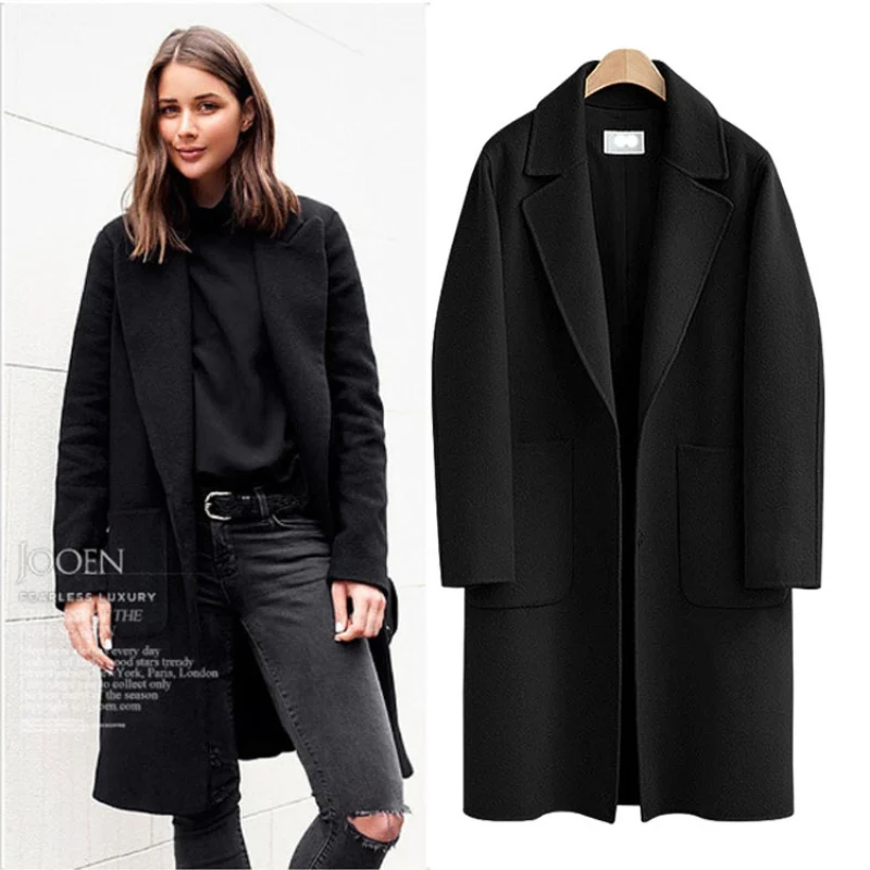 Manteau en laine mi-long pour femme, veste chaude pour femme, grande poche, automne, hiver, nouveau, 2023