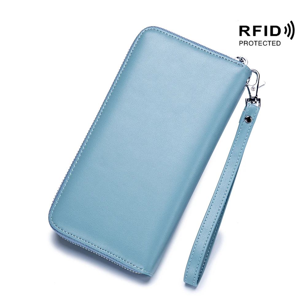 Genuine Leather Wallet RFID Blocking Unisex Business Clutch Wallet Large Capacity Organizer Purse Phone Passport Pouch Wrist Bag