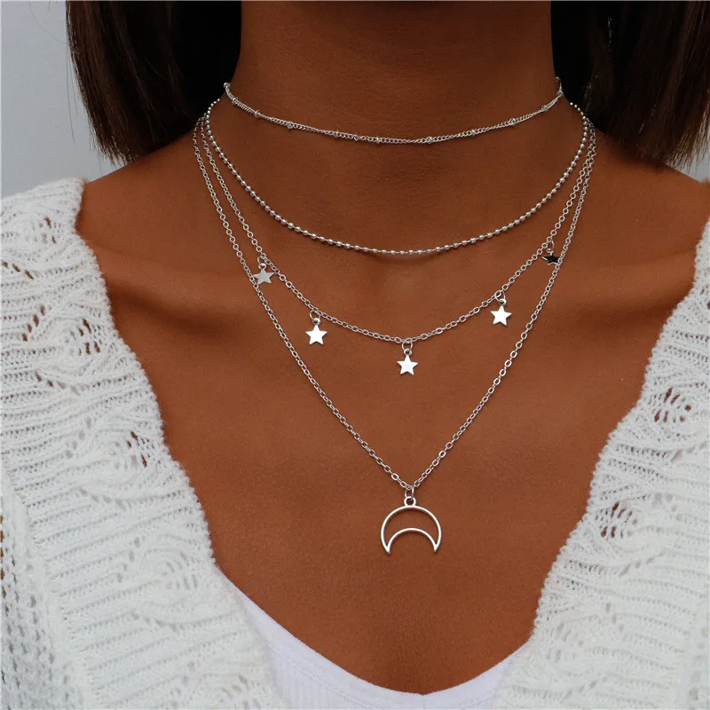 Tenande Bohemian Mehrschichtige Halskette für Frauen Vintage Wassertropfen Münze Stern Mond Anhänger Halskette Geometrisches Collier Collares – Detail 15