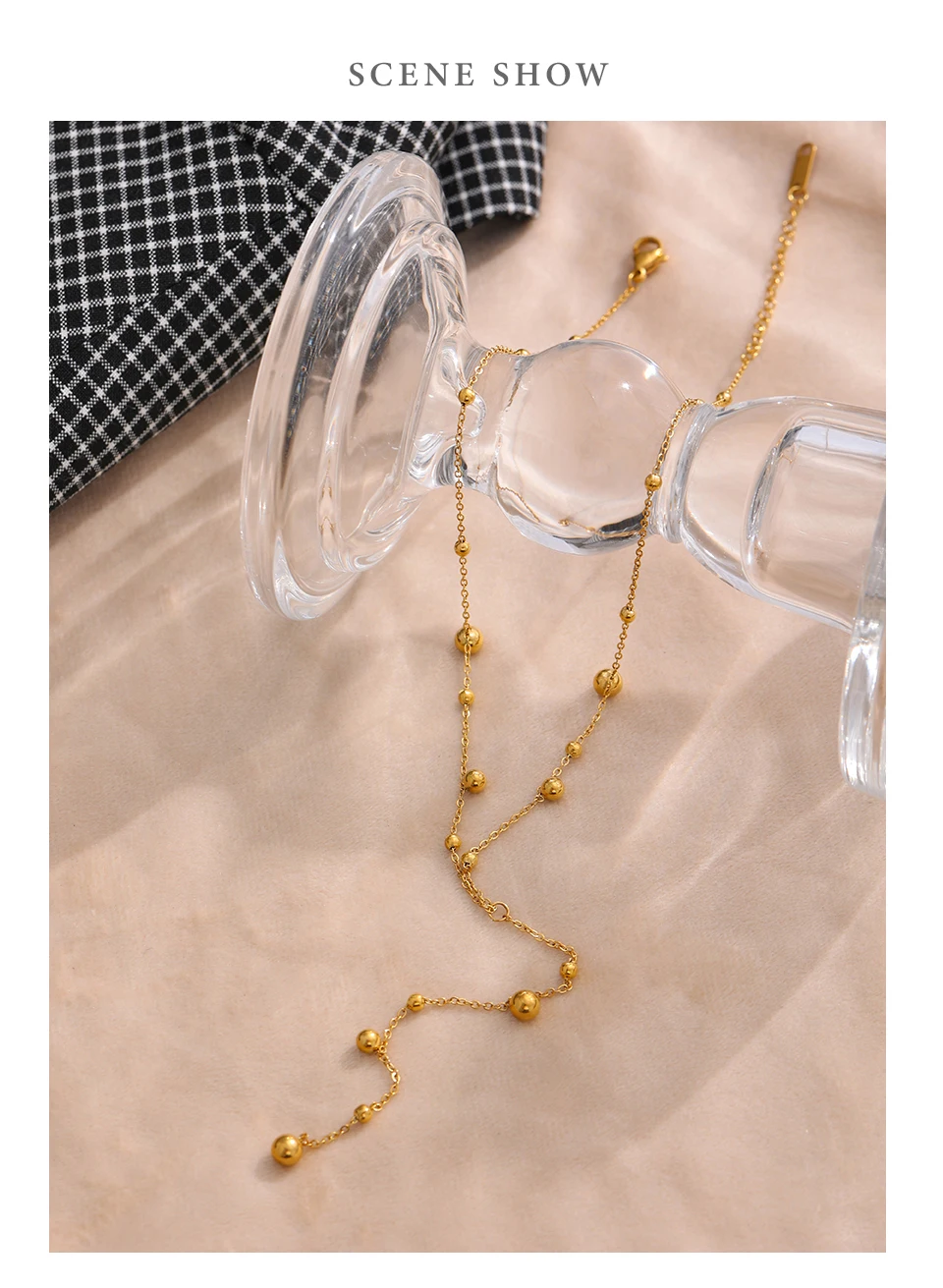 Yhpup Halskette mit langem Anhänger aus Edelstahlperlen, minimalistisch, 18K PVD-beschichtet, Metallkragen, Modeschmuck, Bangkok Parti-Geschenk – Detail 8