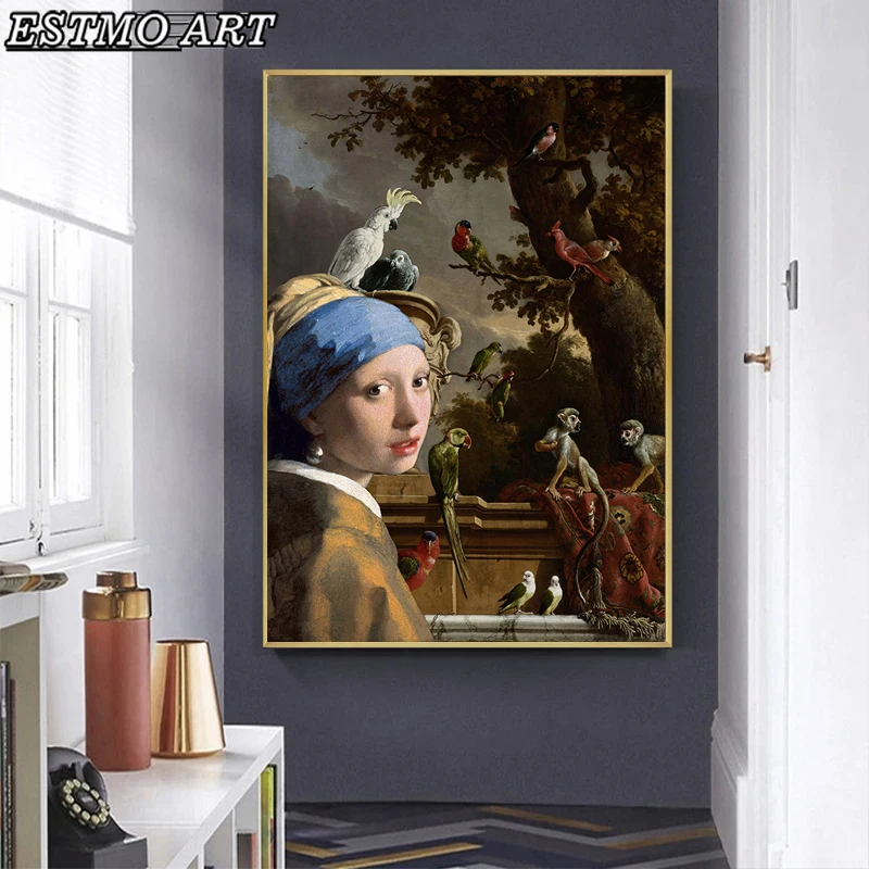 

Creative classical Oil Painting Monkey and The Girl with Pearl Earring Posters Canvas print Portrait Painting Home wall decor