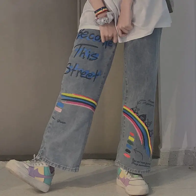 น่ารักสายรุ้งพิมพ์กางเกงยีนส์ตรงกางเกงกางเกงหญิง Harajuku Street Denim Bagge Cool ฤดูใบไม้ร่วงกางเกงยีนส์ Femme