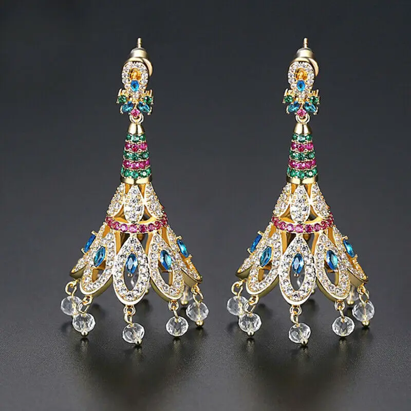 Indian Dubai Earrings Crystal Zircon Crystal Beads Drop Earrings Indian Peacock Feather Tassel Ear Accessories Jhumka Jhumki