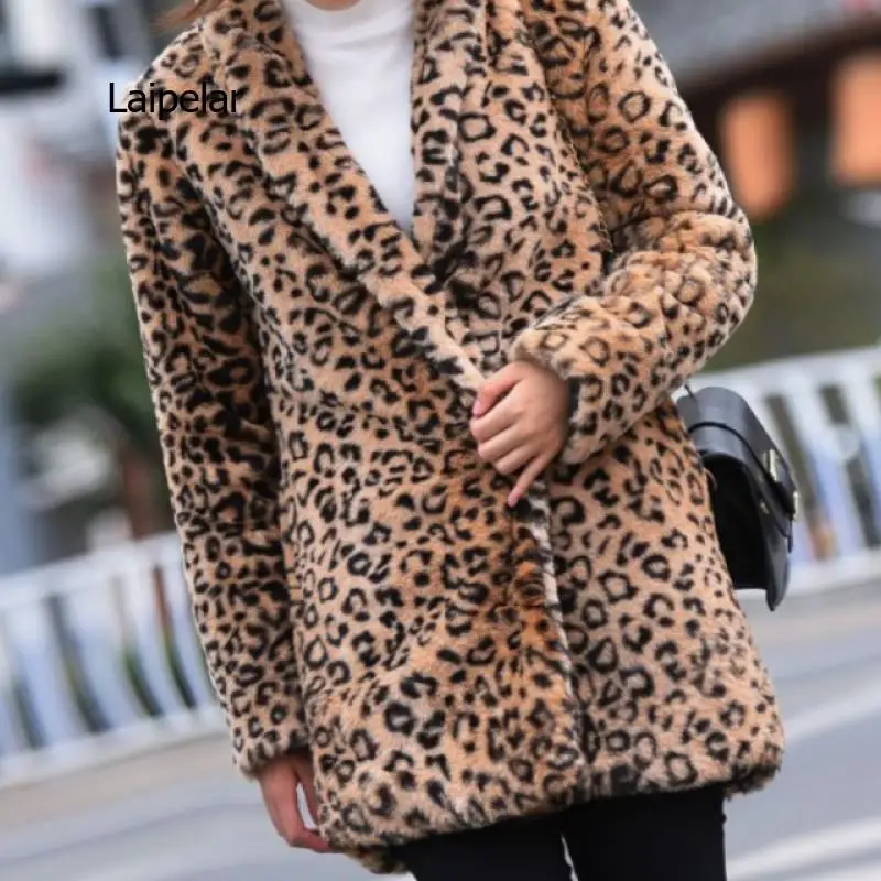 Women Faux Fur Leopard Coat Luxury Warm Plush Jacket High Quality Outwear Winter Fashion Novelty