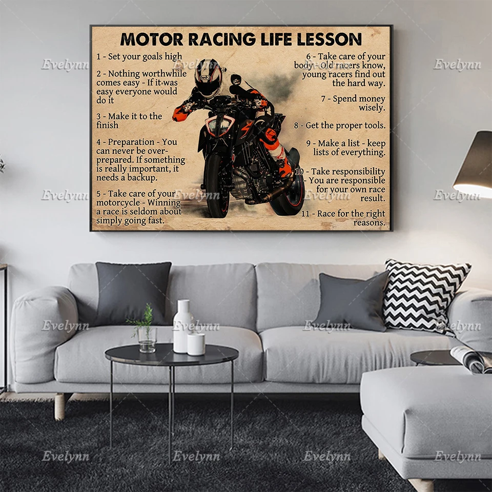 Motorcycle Racing Racer Rider Biker Poster Motor Racing Life Lesson Wall Art Prints Home Decor Canvas Unique Gift Floating Frame