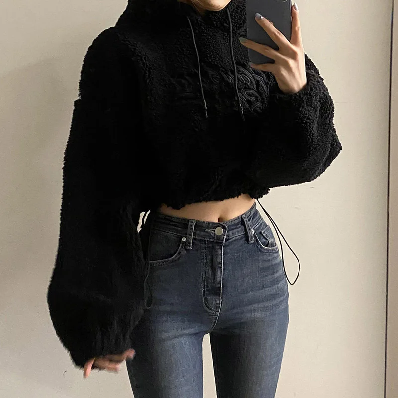 Autumn Warm Faux Lamb Fur Oversized Hoodie Black White Women Fleece Sweatershirt Crop Top Loose Pullover Cute Hairy Sweat Femme