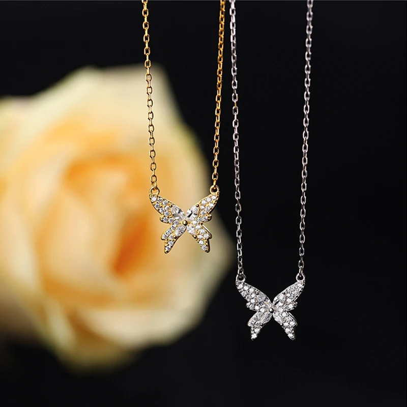 Sweet 925 Sterling Silver Butterfly Necklace Shiny Zircon Pendant Ladies Elegant Clavicle Chain Wedding Jewelry Holiday Gift