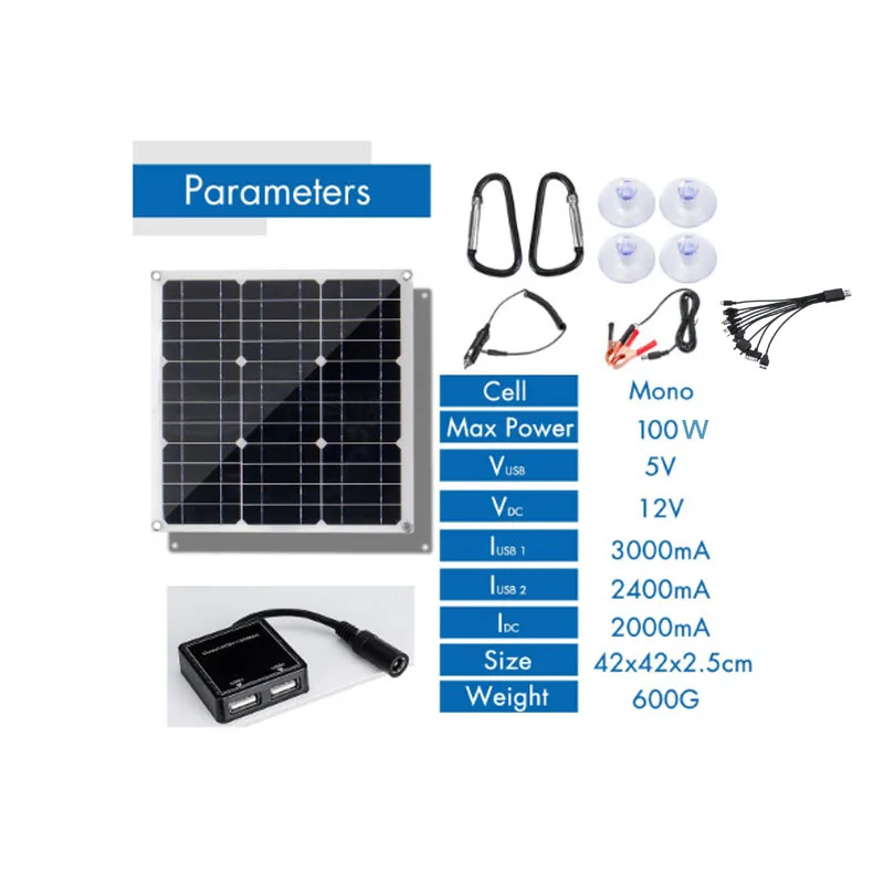 Imagem -02 - Painel Solar de 100w com Controle de 40a Placa de Energia Usb Dupla 18v Carregador de Bateria de Carro Carregador de Bateria de Painel Solar para Acampamento ao ar Livre