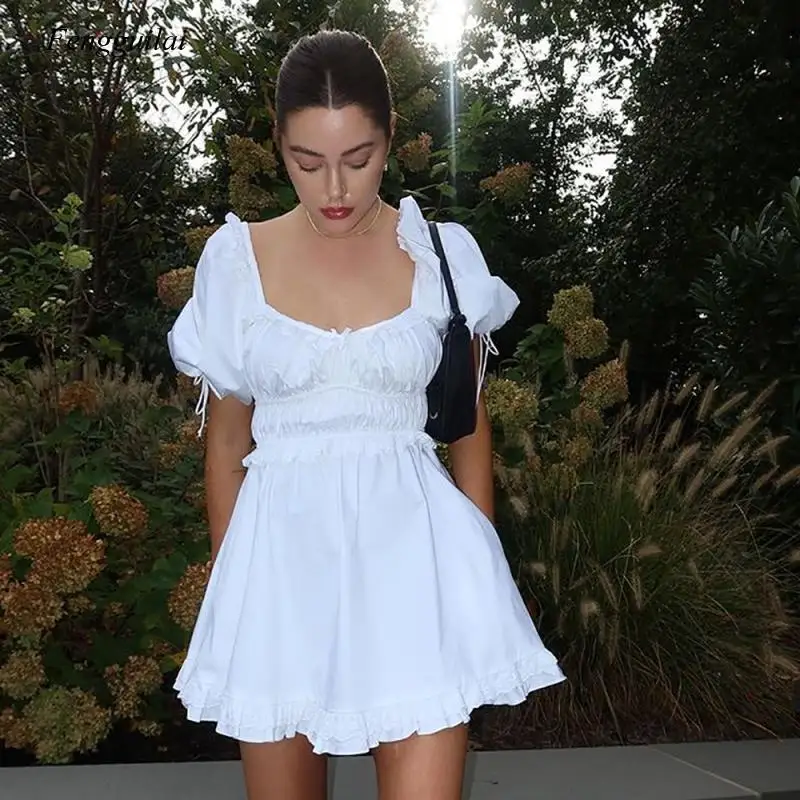 Primavera verão francês estilo princesa saia plissado sólido gola quadrada cintura alta causal branco meninas vestido