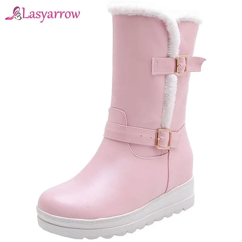 Lasyarrow New sexy buckle women boots winter women snow boots ladies shoes high heels boots wedges shoes woman black white pink