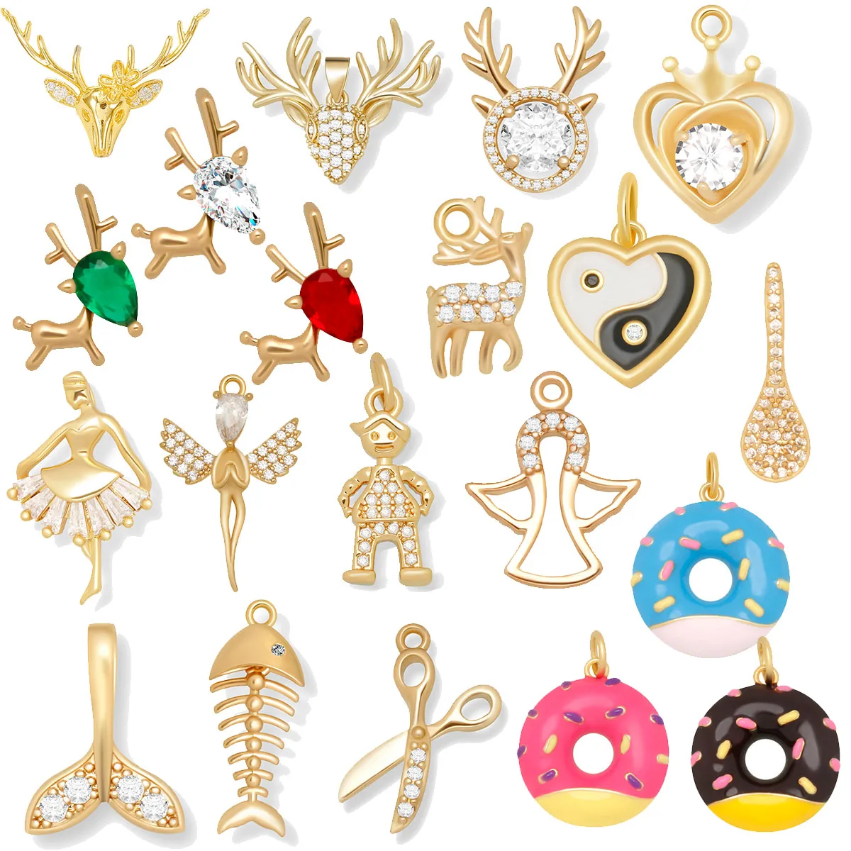 Pave Zircon Cartoon Deer/Angel/Arrow  Enamel Donut Resin Pendant For Necklace Earring Making DIY Gold-plated Jewelry Accessories